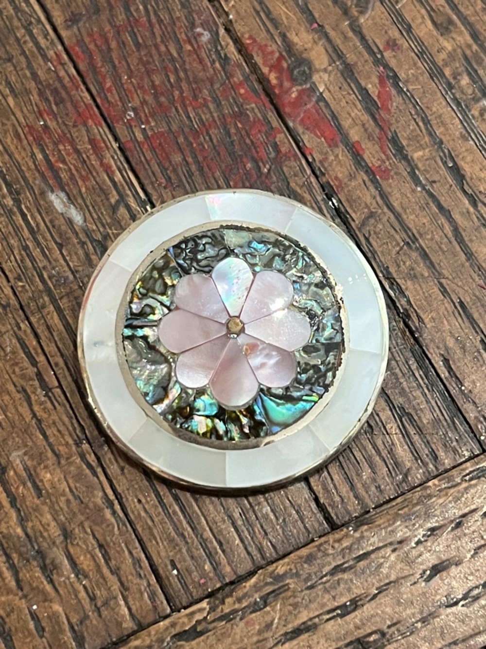 Round alpaca Mexico  Mother-of-Pearl Floral Inlay Brooch  - Pink & Iridescent
